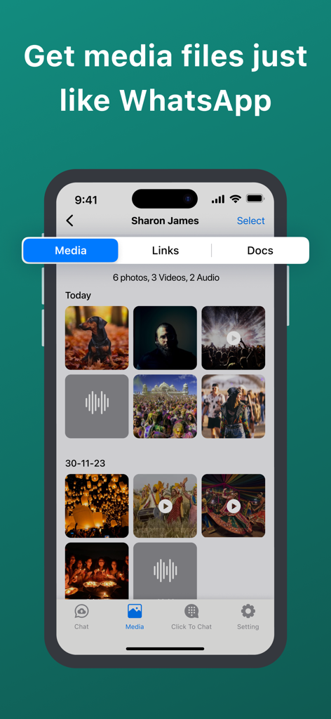 Interface showing media files backup like WhatsApp with photos and videos