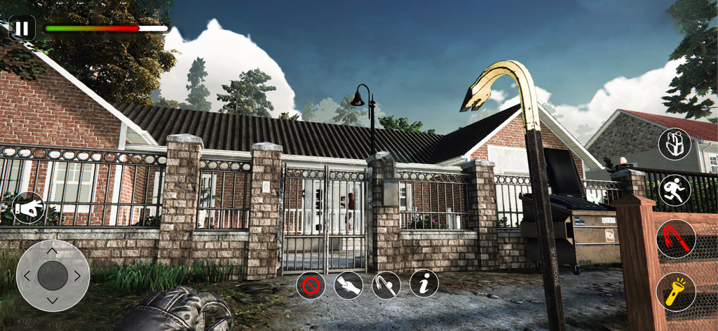 Crime City Gangster Mafia Game - First-person gameplay showing a character with a crowbar in front of a suburban house in Crime City Gangster Mafia Game.