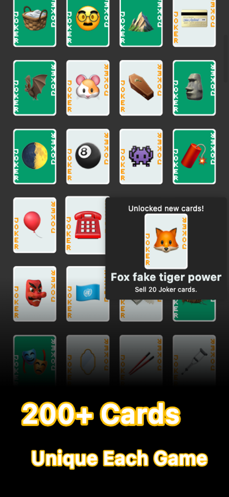 ジョーカーポーカー テキサスフレンジーのスクリーンショット。ユニークなジョーカーカードのコレクションと新しくアンロックされたキツネカードが表示されています。