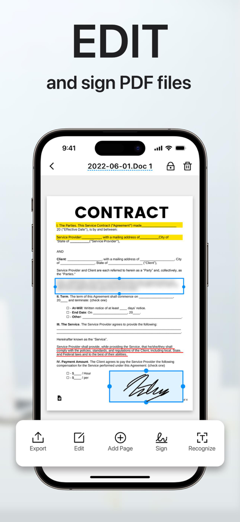 Écran d'iPhone montrant un document contractuel en cours d'édition et de signature avec une signature numérique dans l'application Scanner PDF.