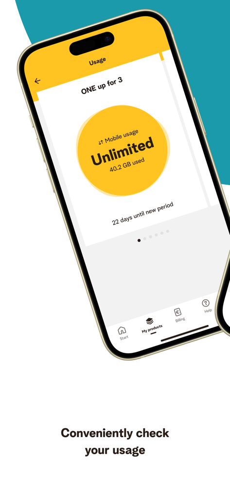 MyTelenet - MyTelenet mobile app showing an unlimited data usage dashboard with total gigabytes used
