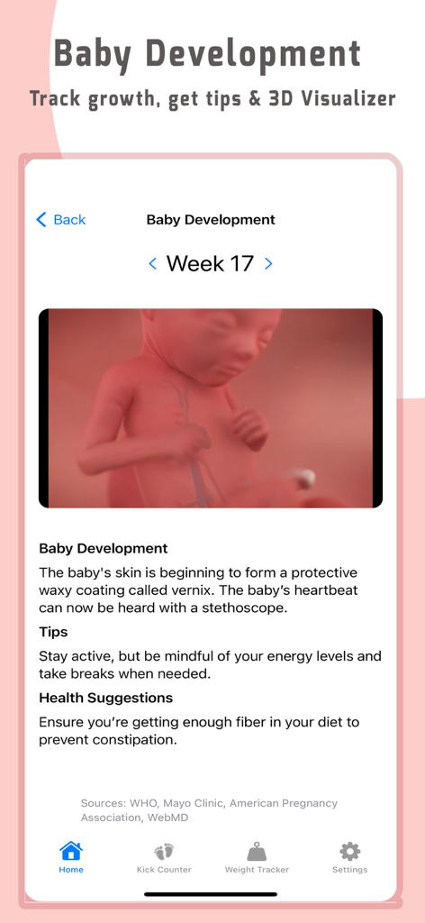 DueDate:Pregnancy week by week - Pantalla de la aplicación DueDate que muestra el desarrollo fetal de la semana 17 con un visualizador 3D y consejos de salud para el embarazo