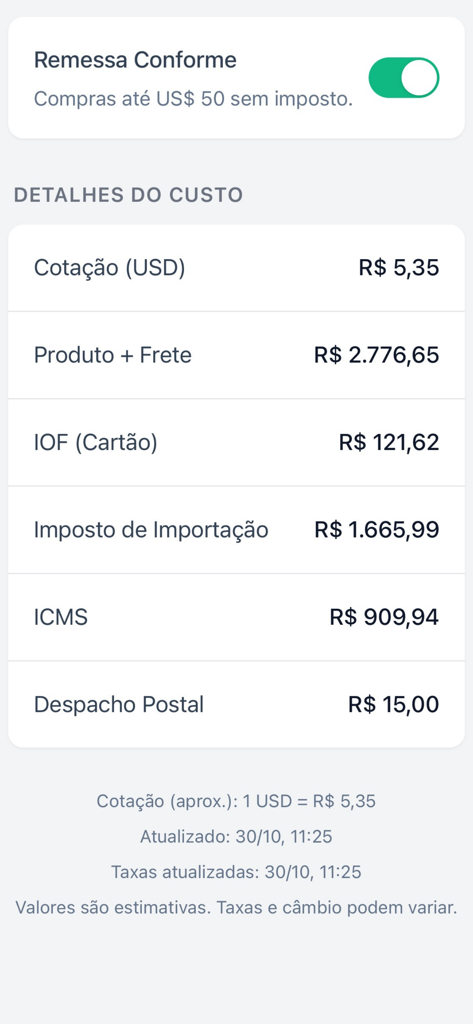 Import Calculator - Detalhe dos impostos de importação brasileiros, incluindo ICMS e IOF