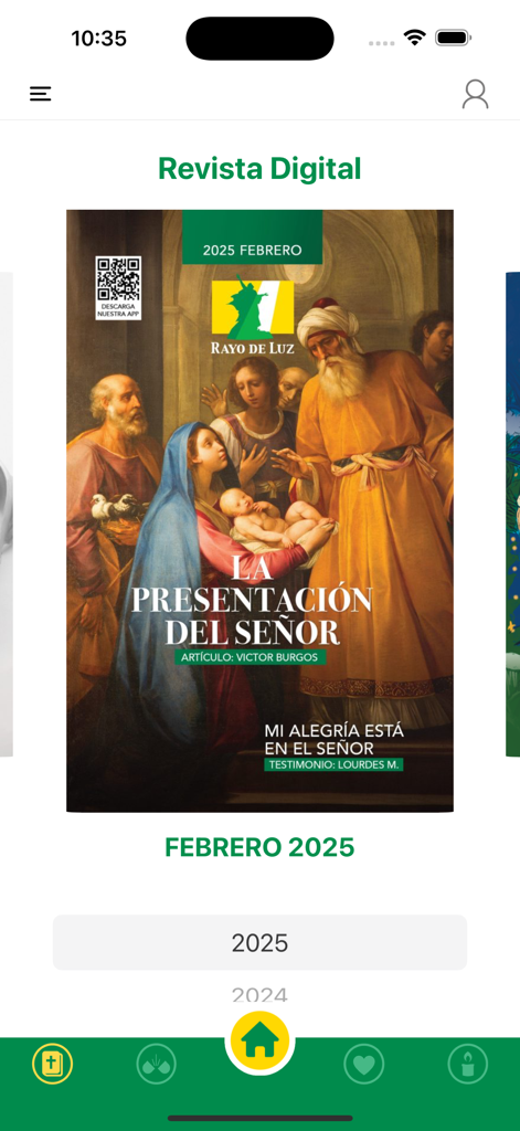 Portada de la revista digital de febrero de 2025 en la app Revista Rayo De Luz con una pintura religiosa de la Presentación del Señor