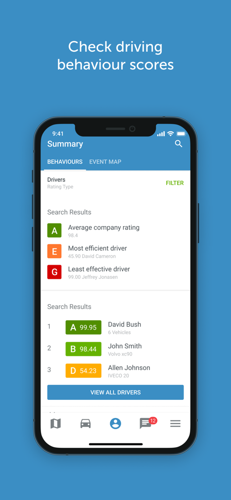 FMC - FMC app screen displaying driver behavior scores and company efficiency ratings
