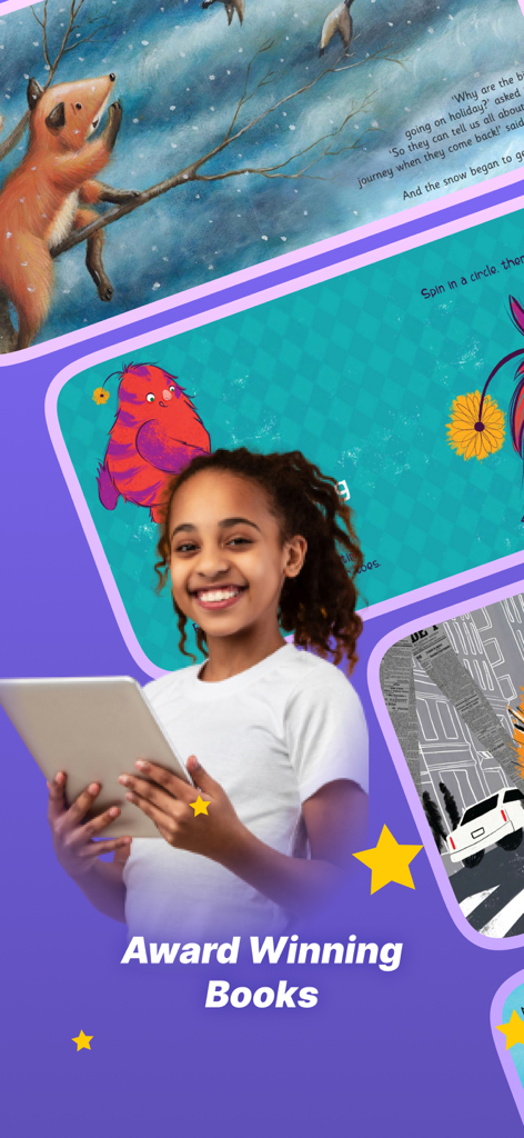 MagicBlox: Reading Books - A smiling young girl holding a tablet featuring various colorful children storybook illustrations