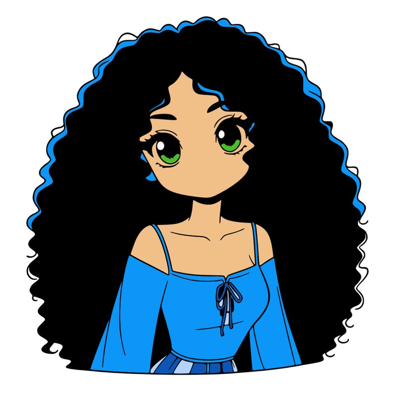 a black anime girl with long afro hair