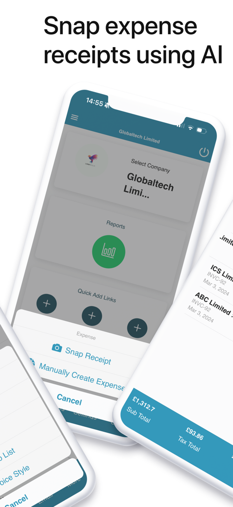 Mobile app interface showing AI-powered expense receipt scanning and reporting features for small businesses