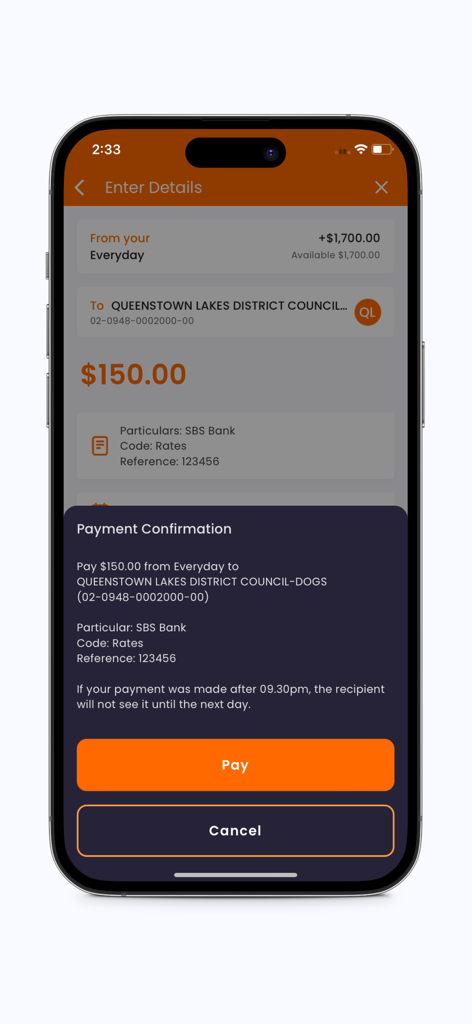 SBS Mobile - SBS Mobile app payment confirmation screen showing a transfer of 150 dollars