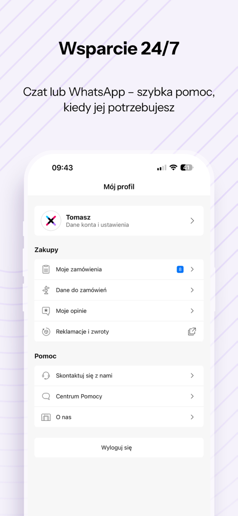 User profile and customer support screen of the x-kom mobile application