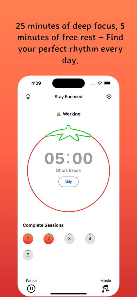 Focus Booster: ADHD Study Tool - Focus Booster app screen showing a five minute short break timer with a tomato icon and session tracking indicators