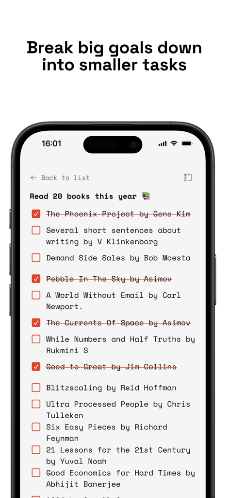 Focus: To Do - Minimalist checklist in the Focus To Do app showing a reading goal broken down into specific book titles.