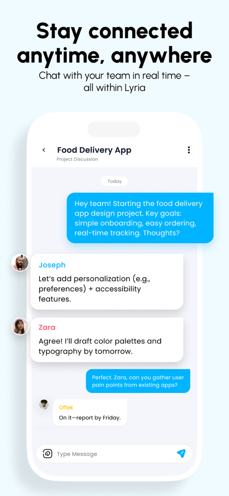 Project Management for Teams - A real time team chat interface in the Lyria project management app showing a design project discussion.