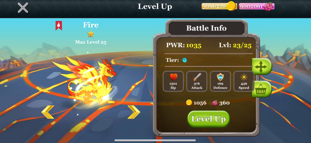 Dragon Village -A City Builder - Level up screen for a Fire dragon with battle stats and power info in Dragon Village