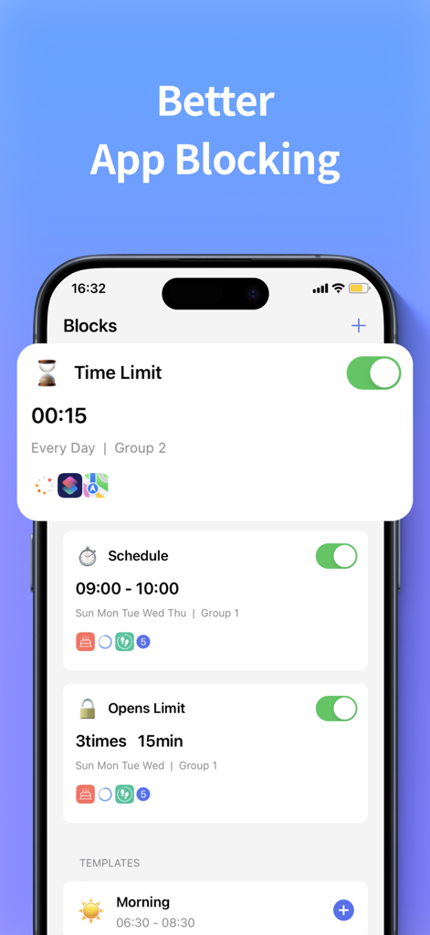 Screen Time Control - App Lock - Interface of the Screen Time Control app showing options for time limits schedules and app opening restrictions