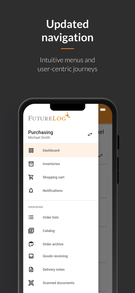 Menu de navigation latéral de l'application FutureLog montrant les options de navigation pour les achats et les commandes pour les professionnels de l'hôtellerie