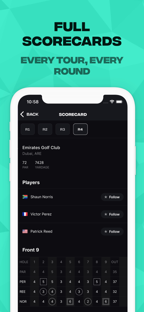 GLF: Golf Live Scores & News - Eine mobile App-Oberfläche, die eine detaillierte professionelle Golf-Scorecard für mehrere Spieler anzeigt