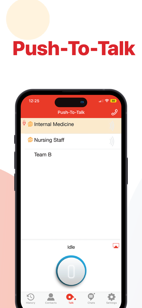 Deltapath Acute - Deltapath Acute mobile App-Oberfläche zeigt den Push-to-Talk-Kommunikationsbildschirm für Gesundheitsteams an
