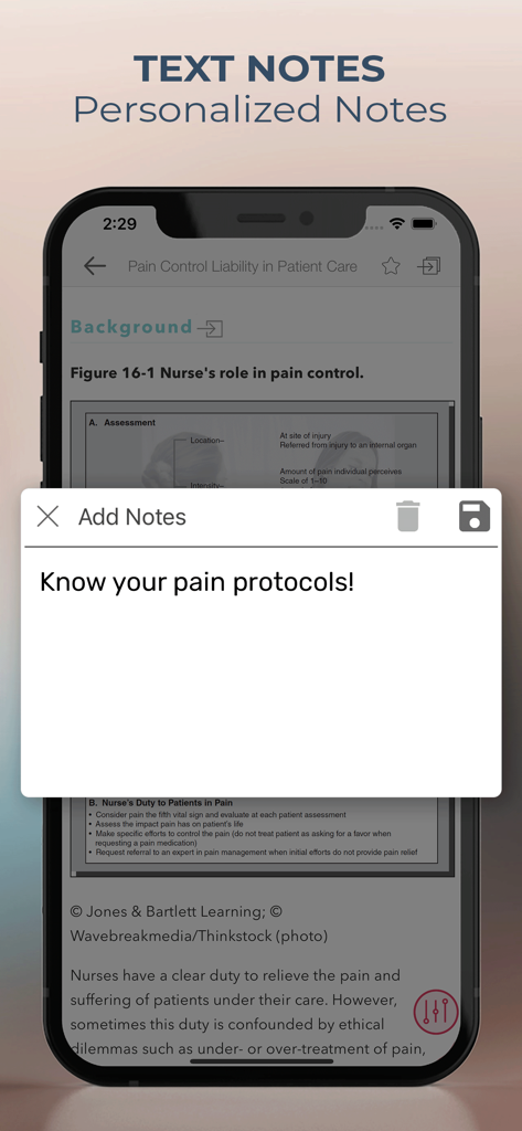 Personalized text notes feature in the Essentials Nursing Law Ethics mobile app