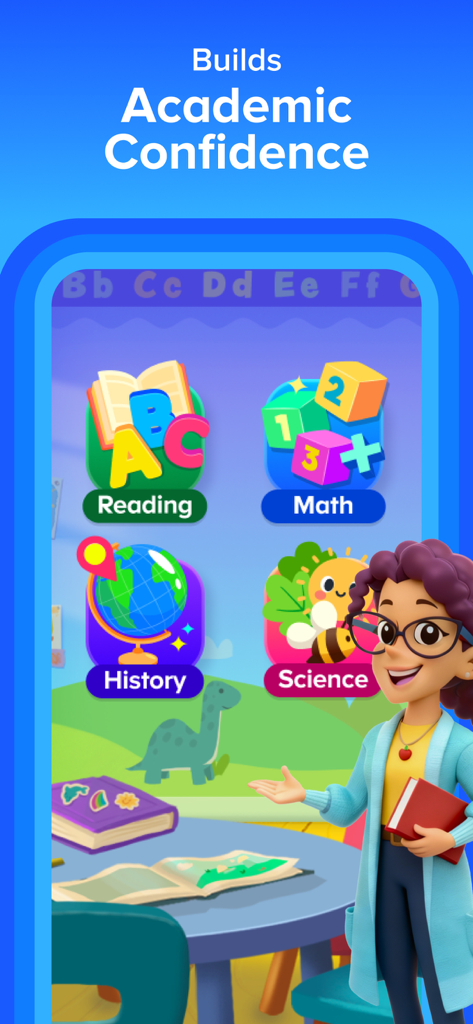 ABCmouse app interface showing learning categories for reading, math, history, and science with a teacher character.