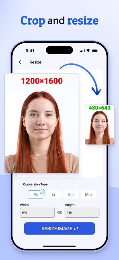 JPG Image Converter PNG/JPEG - A smartphone screen demonstrating the crop and resize feature for images in the JPG converter app