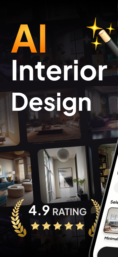 ReHome: AI Interior Design - Interface do aplicativo ReHome AI Interior Design mostrando exemplos de design de cômodos e uma classificação de usuário de 4,9 estrelas