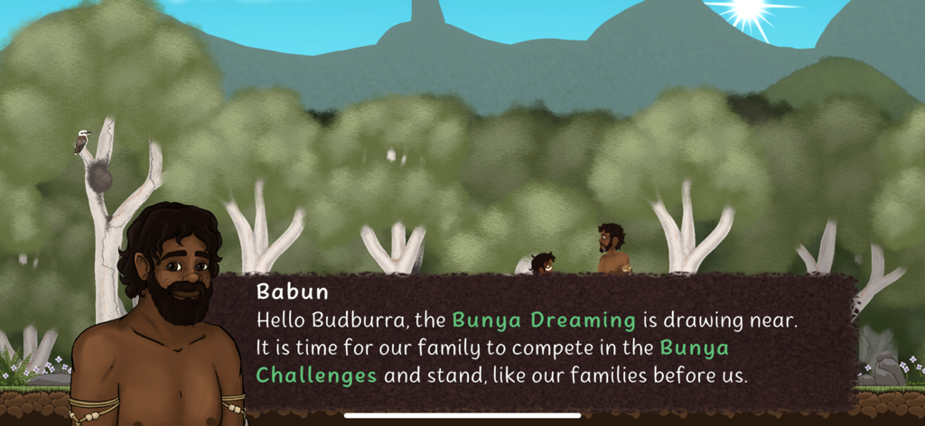 Djaa - Une scène de jeu éducatif en 2D montrant un personnage nommé Babun expliquant le festival Bunya Dreaming dans un paysage Kabi Kabi.