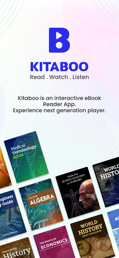 Kitaboo Player - Kitaboo Player app home screen featuring its logo and a collection of digital textbooks for students and corporate training