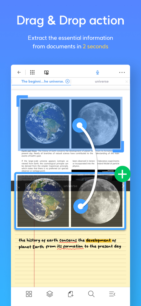 Screenshot of Flexcil app demonstrating how to drag and drop images from a PDF document into a digital notebook