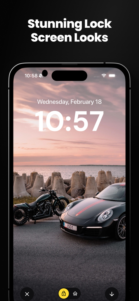 Wallpapers live 4K Background - iPhone lock screen showing a stunning 4K wallpaper of a sports car and motorcycle parked by the ocean