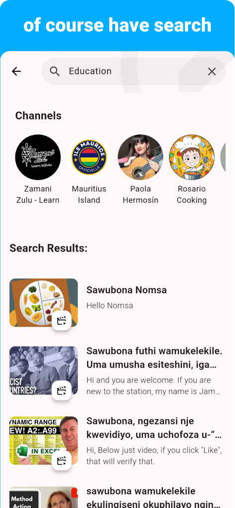 Zulu - Listening Speaking - Zulu language learning app search interface showing educational channels and video results