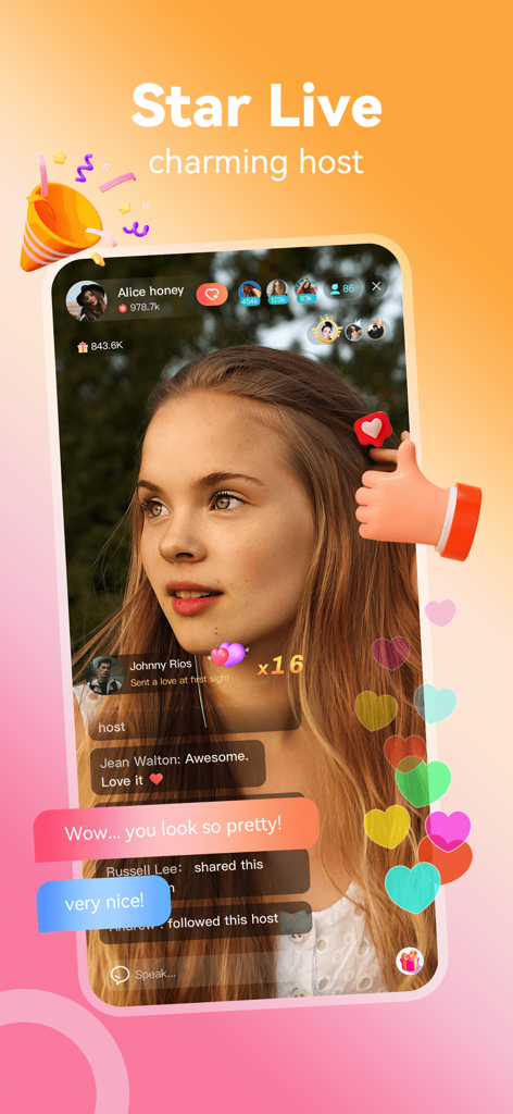 Tandoo app live video chat interface showing a female host with floating hearts and viewer comments