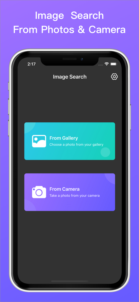 Power Reverse Image Search - Interfaz de la aplicación Búsqueda Inversa de Imágenes Potente mostrando opciones para buscar desde la galería o la cámara en un teléfono móvil.