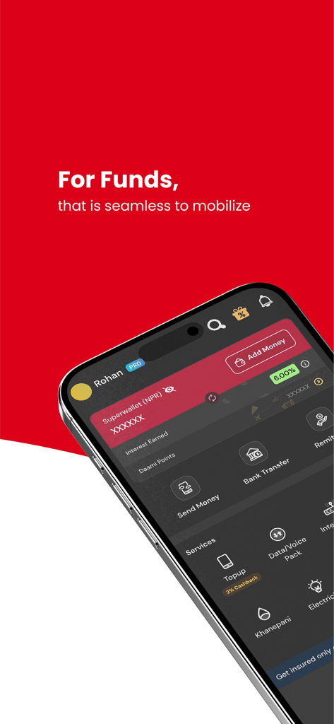 Khalti Digital Wallet (Nepal) - Interfaz de la aplicación móvil Khalti Digital Wallet que muestra el panel con servicios de movilización de fondos y servicios públicos.