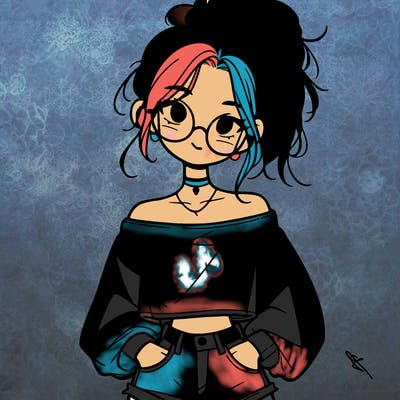 girl with a messy ponytail glasses a baggy crop top and jean shorts