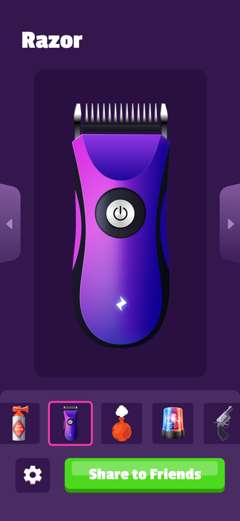 A purple digital hair clipper interface on a mobile prank app with various sound effect icons.