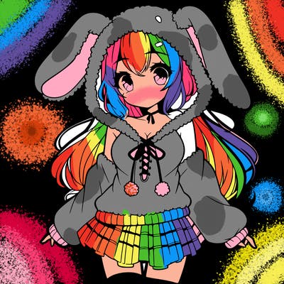 pretty anime girl wearing a fluffy hoodie with bunny ears on the hood and a skirt
