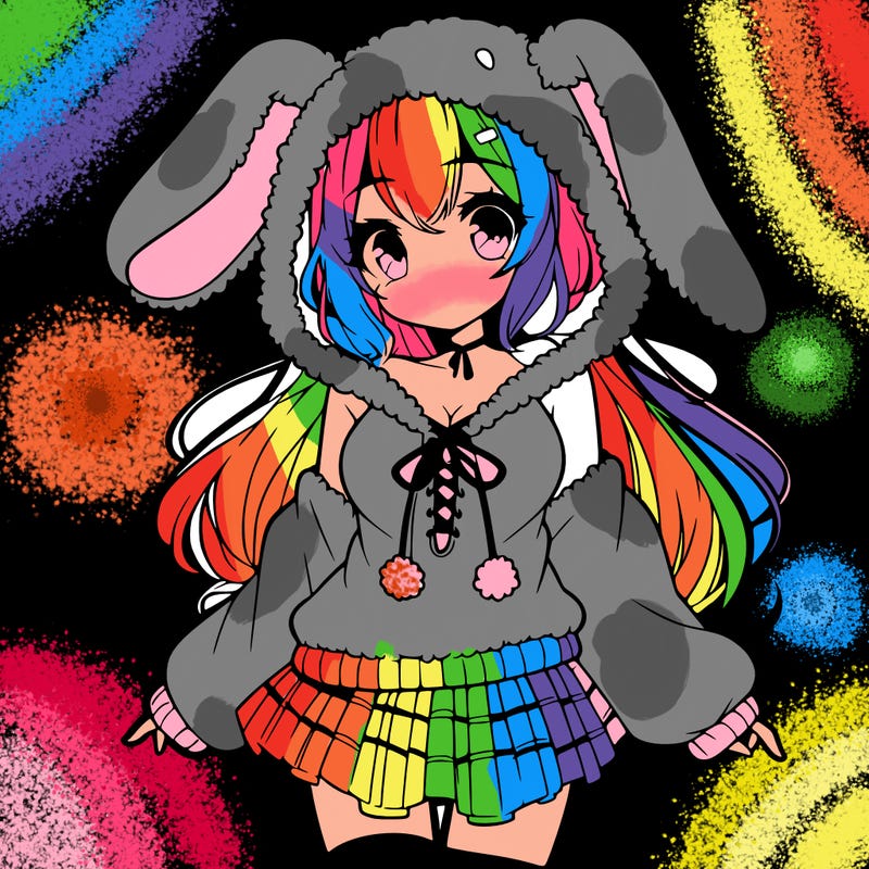 pretty anime girl wearing a fluffy hoodie with bunny ears on the hood and a skirt