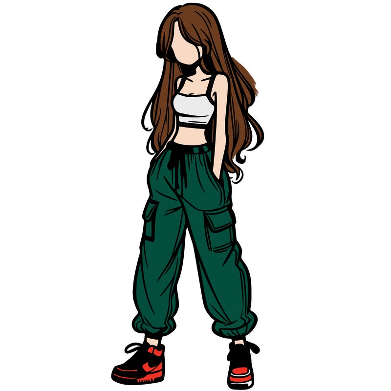 girl in baggy pants crop top and long hair