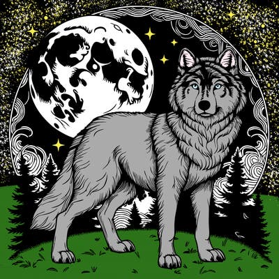 realistic wolf with moon