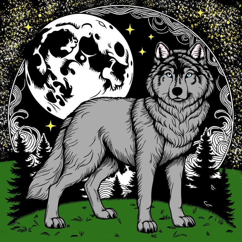 realistic wolf with moon