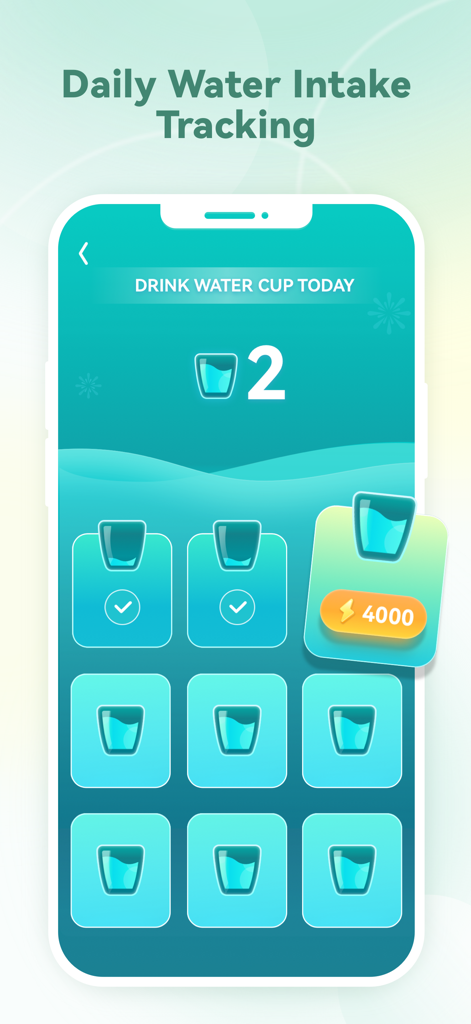 WalkBoost mobile app interface showing a daily water intake tracker with reward points for drinking glasses of water