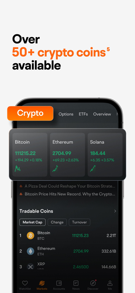 Moomoo mobile app screen displaying cryptocurrency prices and market data for Bitcoin and Ethereum.