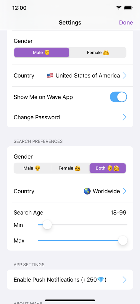 Wave - Friends, Dating & Chat - The settings and search preferences screen in the Wave app showing gender options and age range filters