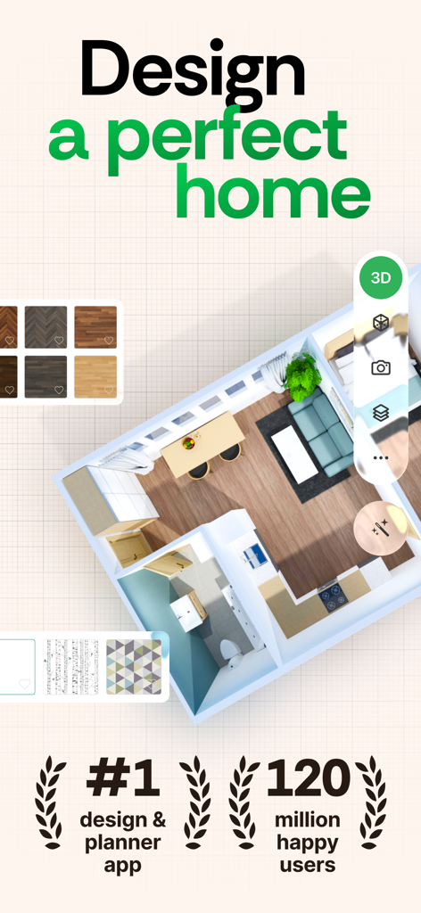 Top-down 3D floor plan of a modern apartment layout created in the Planner 5D home design app.