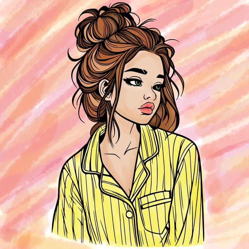 realistic woman with pajamas on and a messy bun