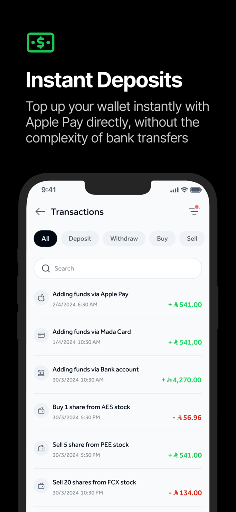 Awaed - Invest & Trade - Awaed app interface displaying transaction history and instant deposit options
