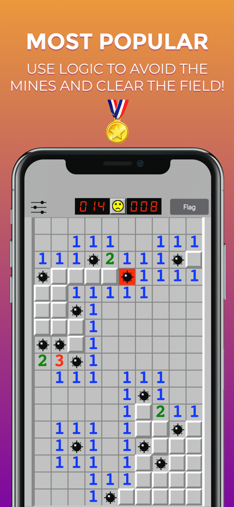 Minesweeper Classic game screen showing a minefield puzzle on a smartphone.