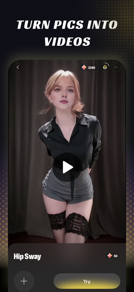 AI PhotoVibe: AI Video Maker - Interface do aplicativo AI PhotoVibe mostrando uma foto de uma mulher sendo animada com o efeito 'Hip Sway'