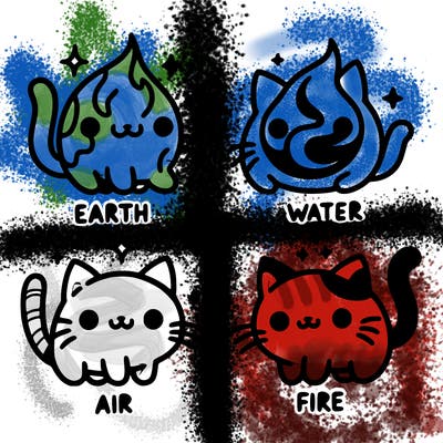 4 cats that represent the different elements, earth, water, air, and fire
